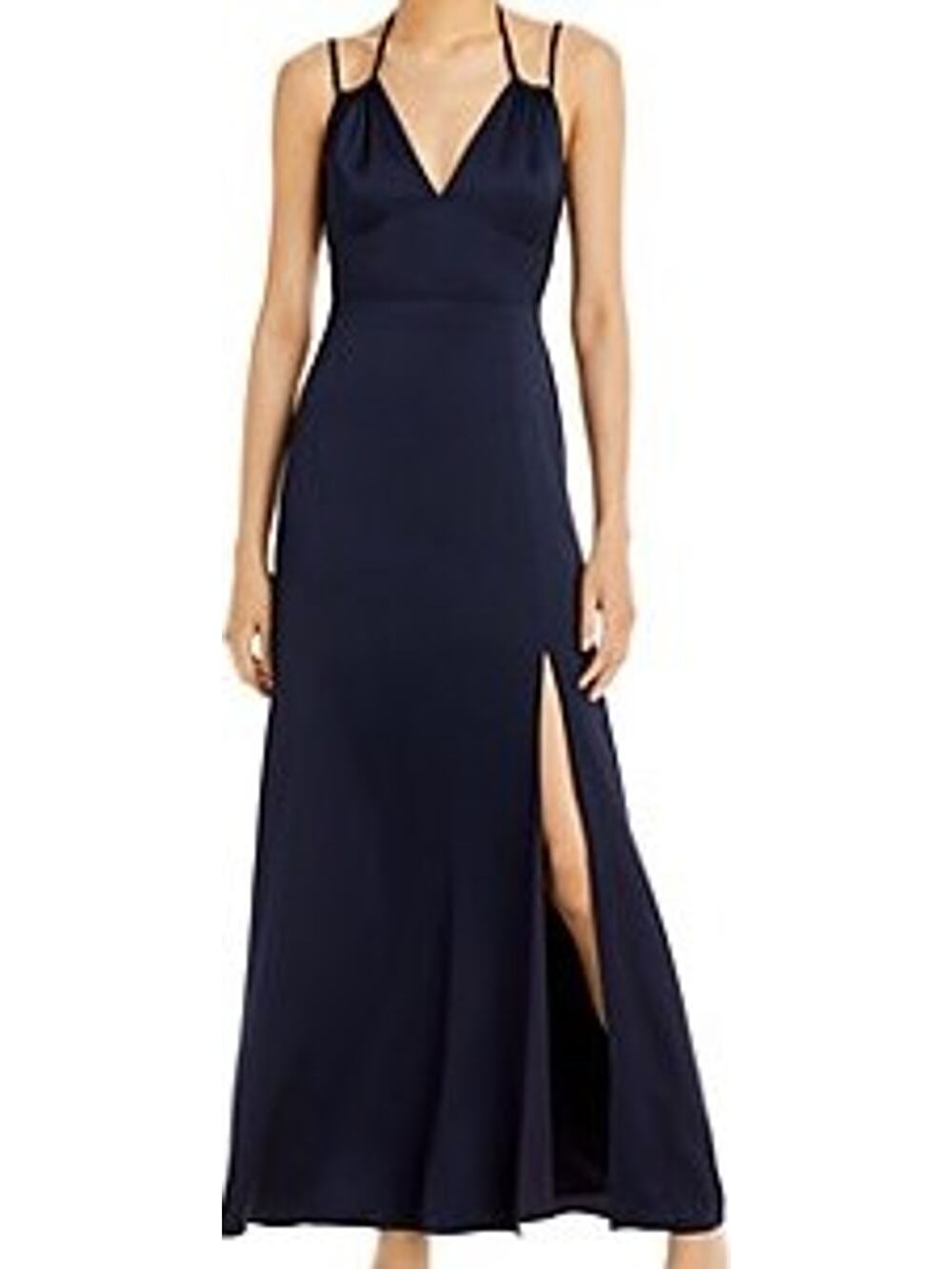 AQUA sz 4 S navy blue backless satin Aline formal party maxi dress gown NWT 0b9